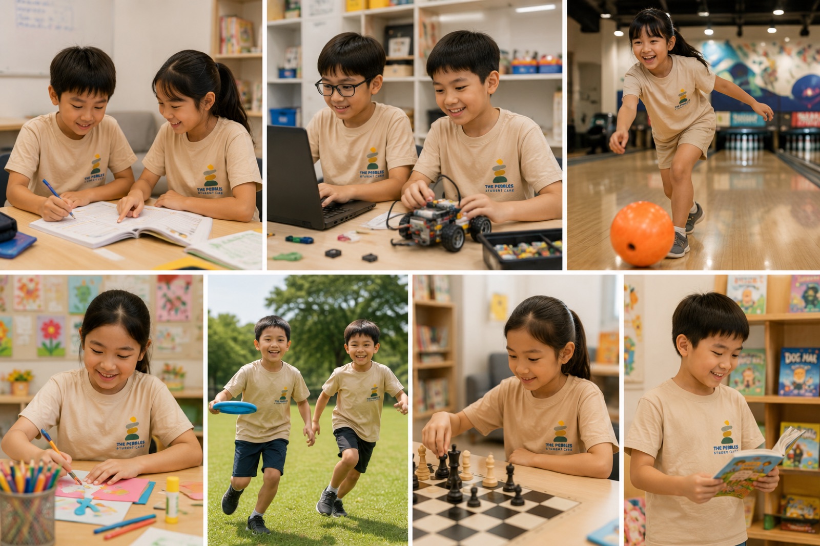 Pebbles students at robotics, coding, bowling, chess, and creative activities