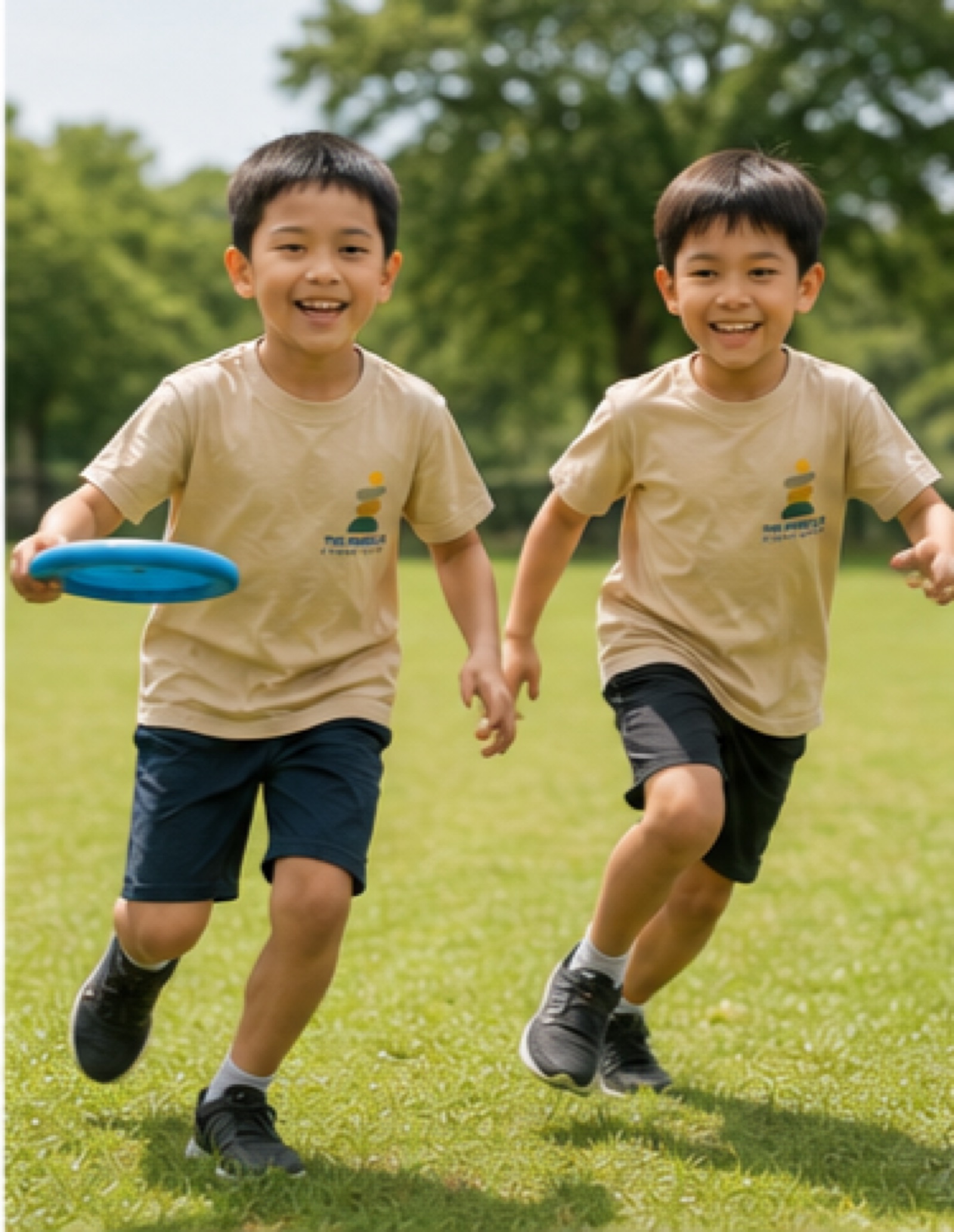 Two Pebbles students playing frisbee outdoors