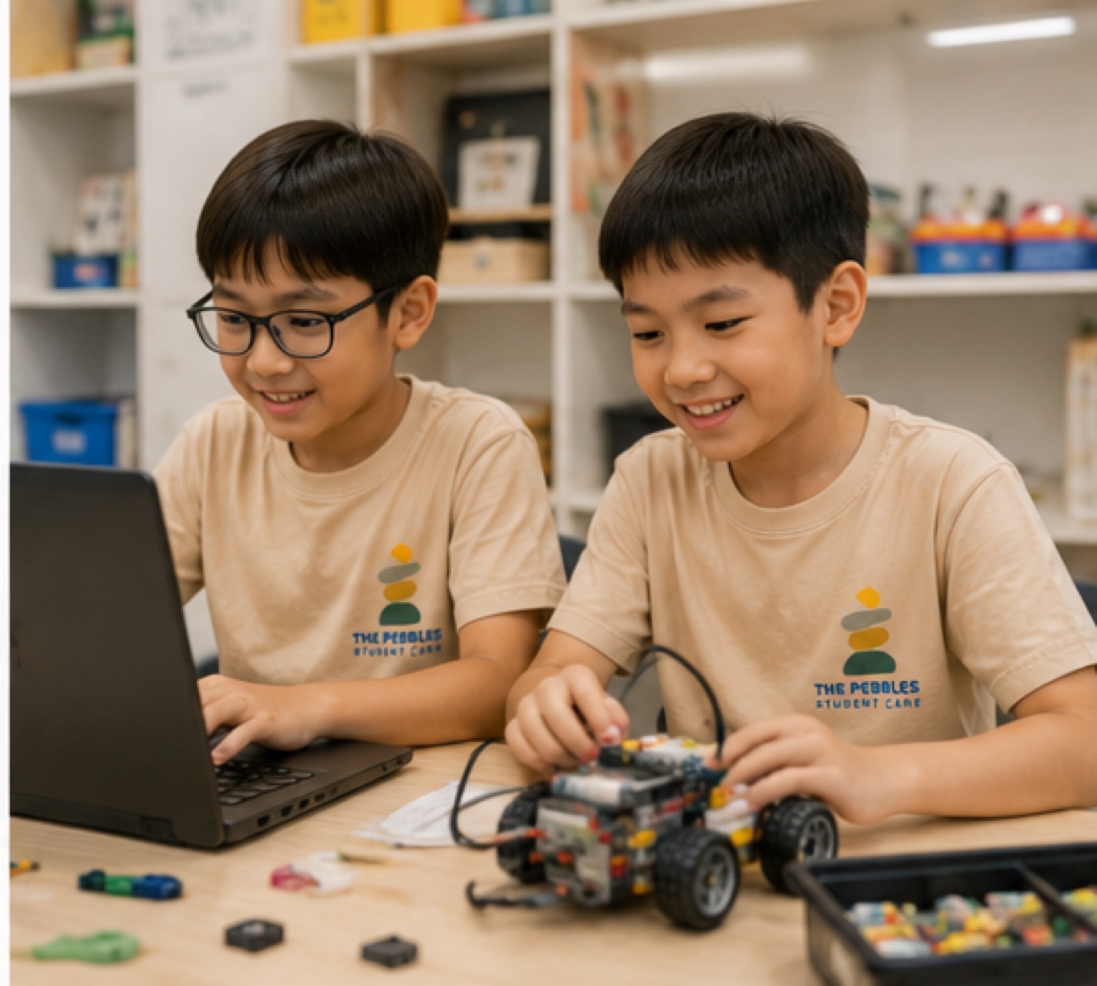 Pebbles students at robotics with LEGO and laptop coding