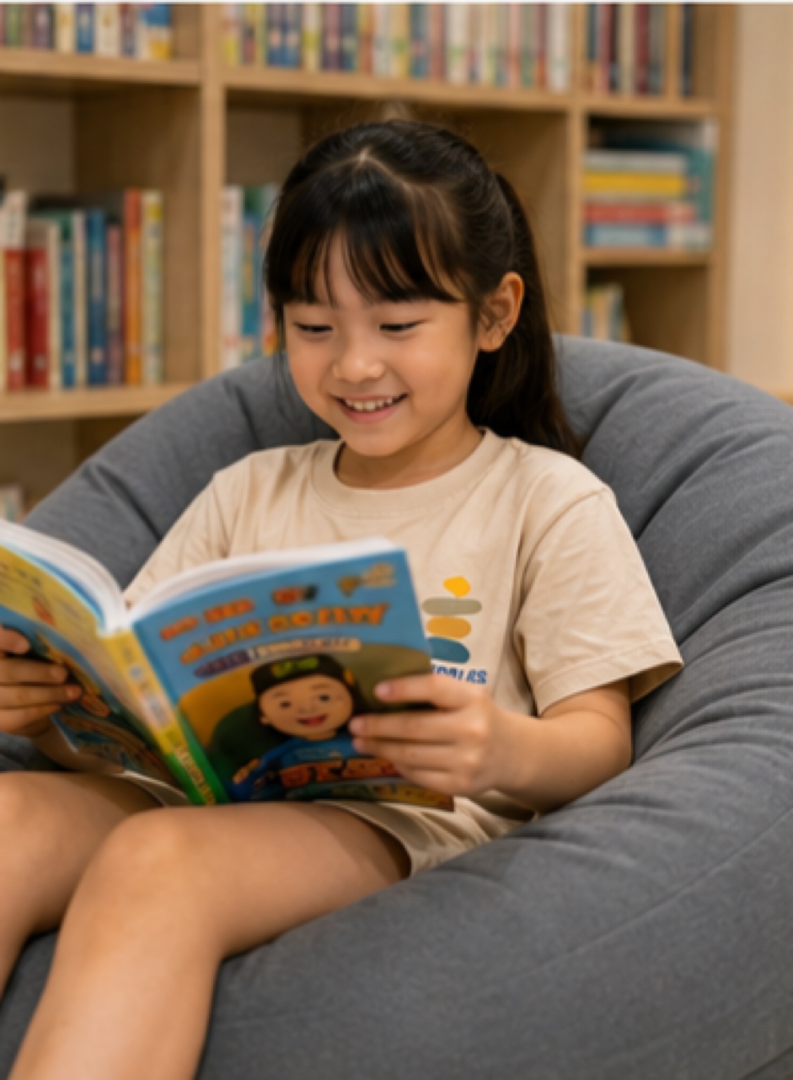 A Pebbles student reading on the library beanbag