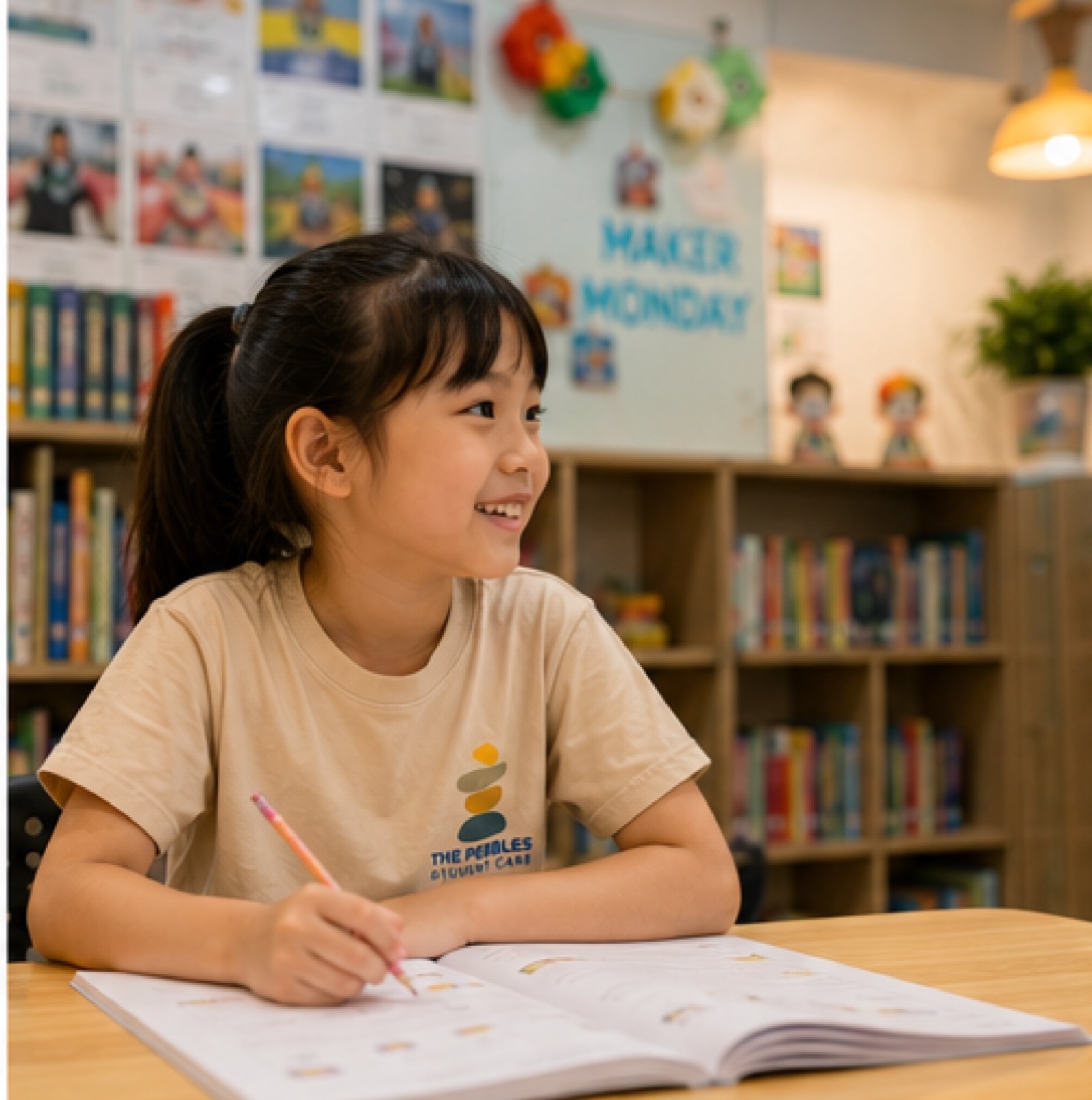 A Pebbles student writing in the Maker Monday library