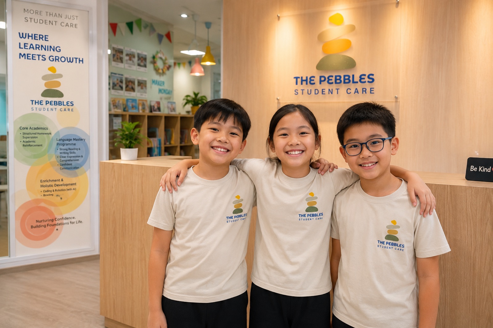 Three Pebbles students at our reception, with the centre's 'Where Learning Meets Growth' banner visible