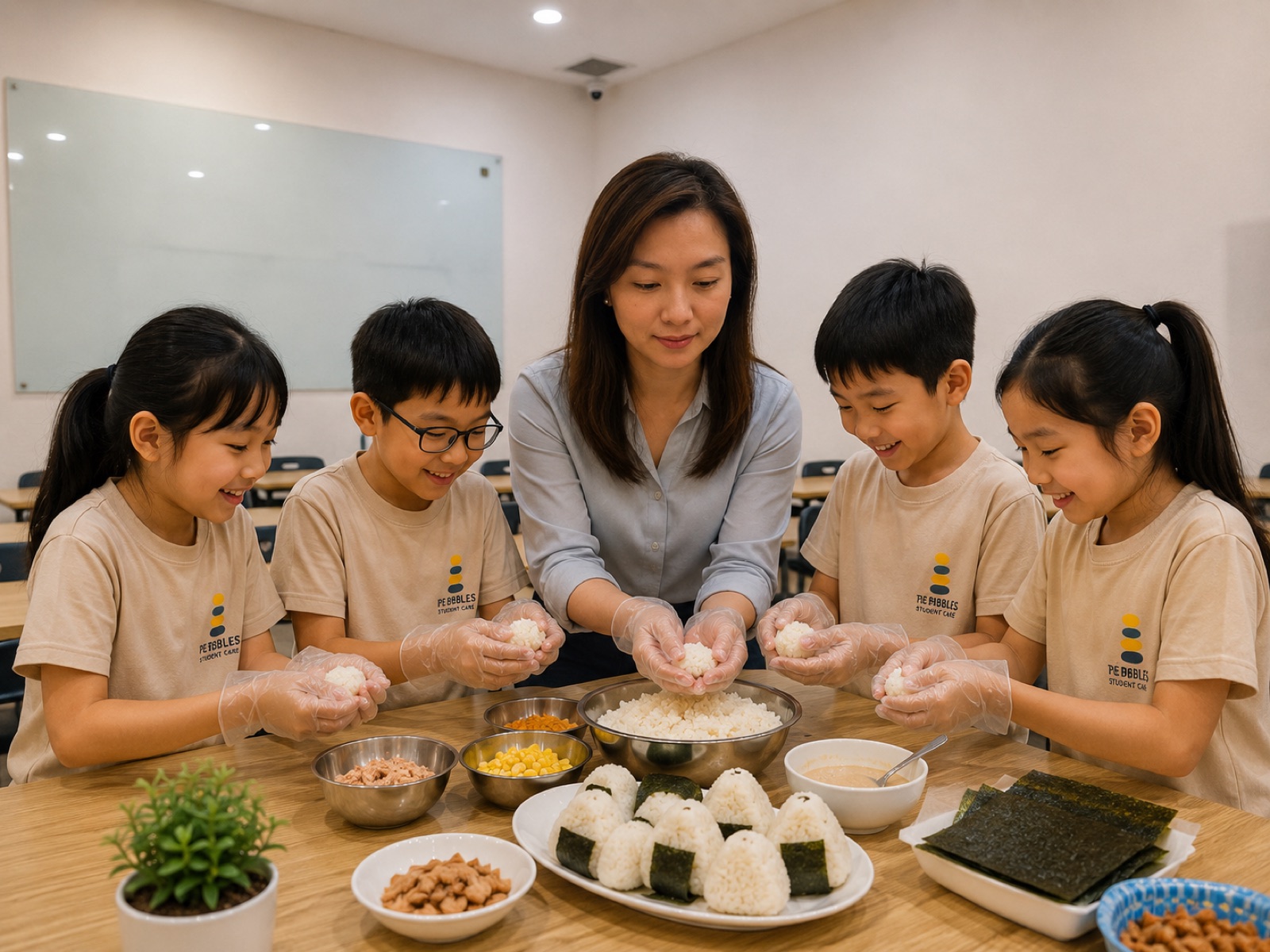Pebbles students learning to make onigiri during Week 1 of the June Holiday Programme